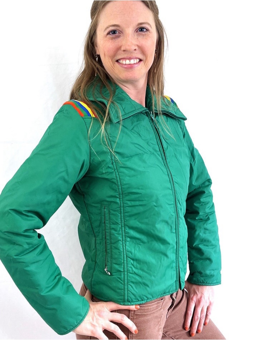 Vintage 1970s Green Rainbow Trim Winter Ski Jacket by Roffe Skiwear Size S